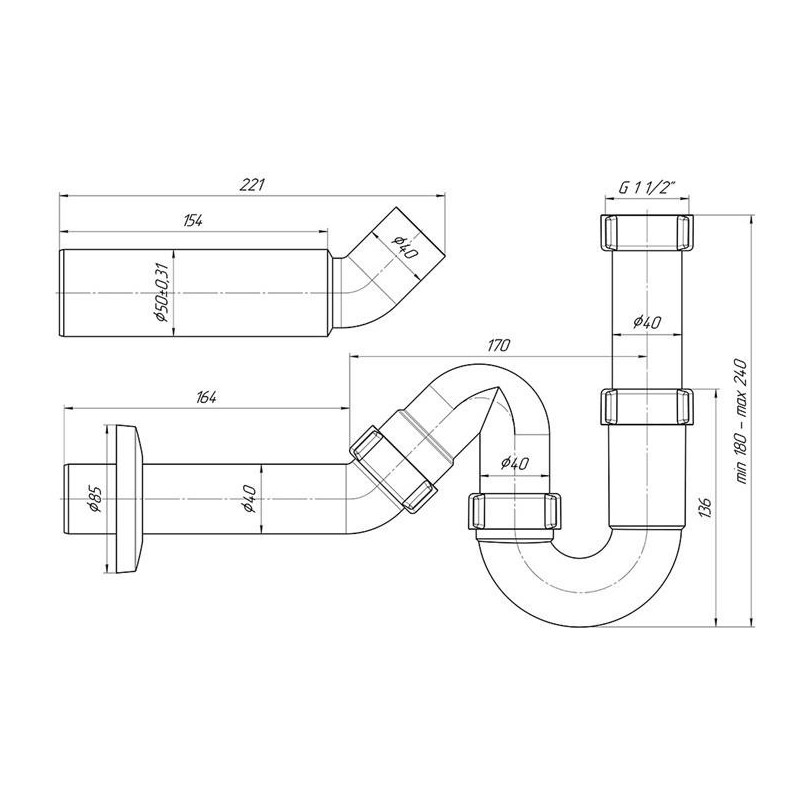 Sifonas Aniplast DY0136EU,  1 1/2 x 40, be ventilio