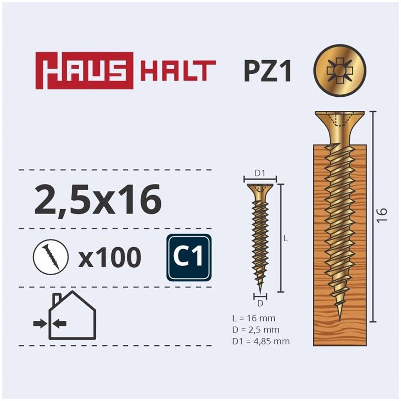 Medsraigčiai Haushalt, 2,5 x 16 mm, ZN, PZ1, 100 vnt.