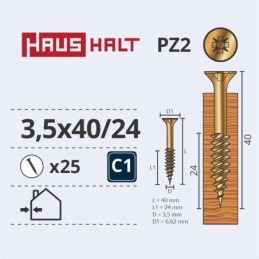 Medsraigčiai Haushalt, 3,5 x 40/24 mm, ZN, PZ2, 25 vnt.