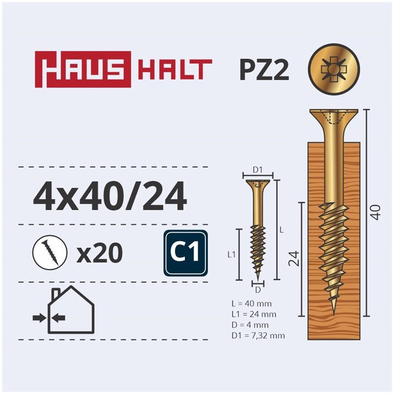 Medsraigčiai Haushalt, 4 x 40/24 mm, ZN, PZ2, 20 vnt.