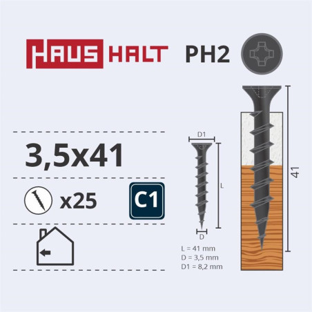 Medsraigčiai Haushalt, 3,5 x 41 mm, PH2, 25 vnt.