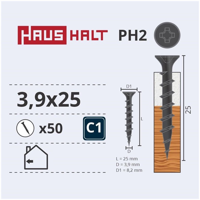 Medsraigčiai Haushalt, 3,9 x 25, PH2, 50 vnt.