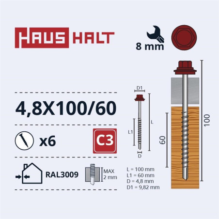 Savisriegiai Haushalt, DIN 7504K, 4,8 x 100/60 mm, 6 vnt.