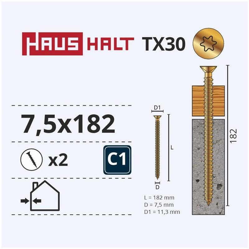 Inkariniai staktų varžtai Haushalt, 7,5 x 182 mm, 2 vnt.