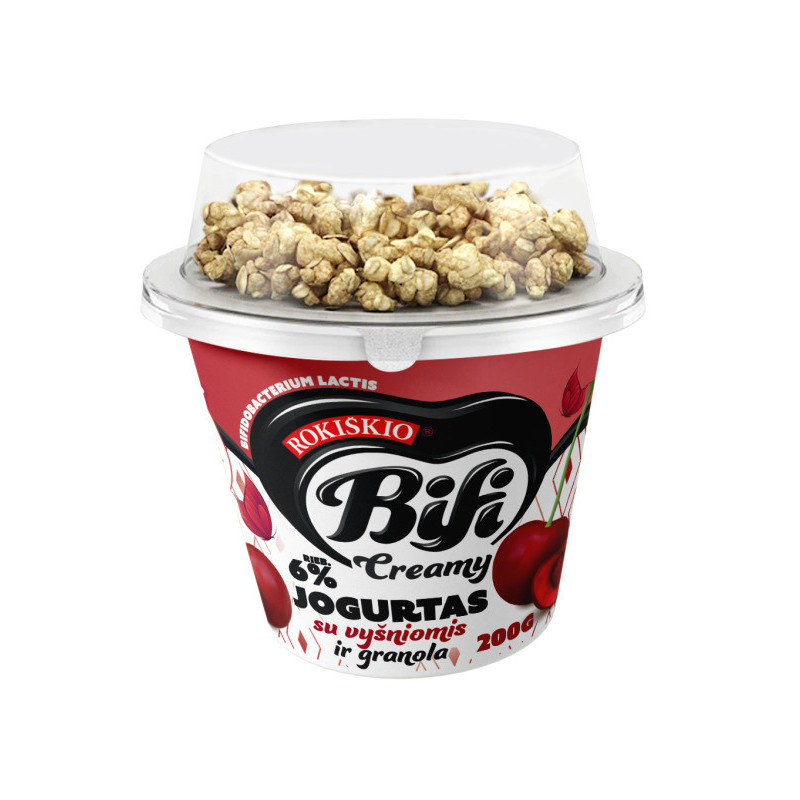 Jogurtas ROKIŠKIO BIFI CREAMY su vyšn.,ir granola,6%r., 200g