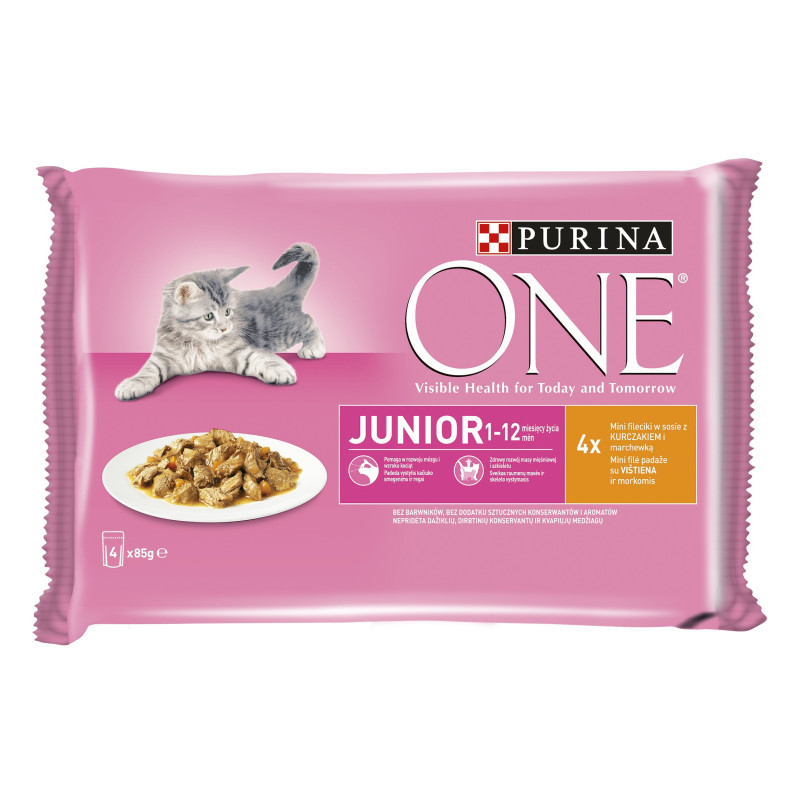 Drėgnas kačių ėdalas, su vištiena padaže ONE JUNIOR, 4 x 85 g