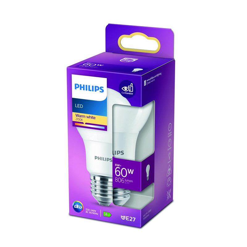 LED lemputė PHILIPS, A60, E27, 8 W, 806 lm, 2700 K