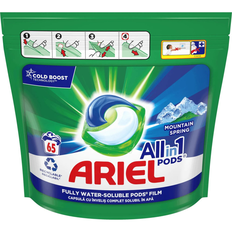 Skalbimo kapsulės Ariel, ALL-IN-1 MONTAIN SPRING, 65 vnt,1690 g