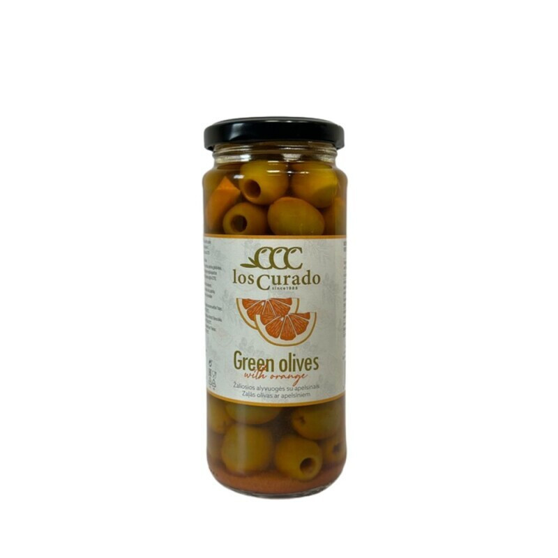 Žaliosios alyvuogės be kaul. LOS CURADO su apelsinais, 360 g