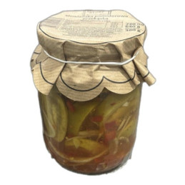 Marinuoti pomidorai, pjaustyti, su ciberžole, 640 g