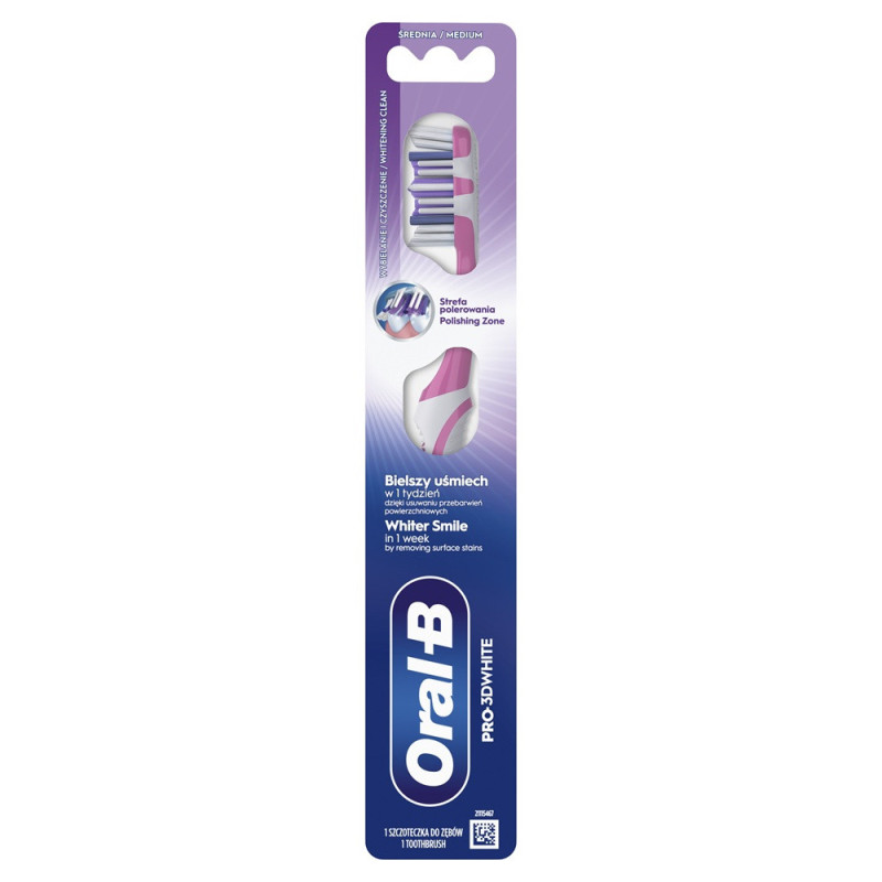 Dantų šepetėlis ORAL-B Pro-3DWhite, Whitening Clean, Medium, balti šereliai,1 vnt