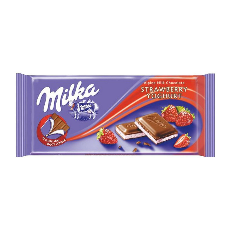 Pieninis šokoladas MILKA su braškių skonio įdaru, 100 g