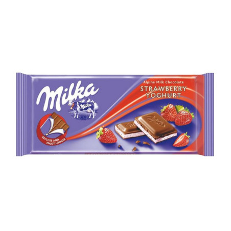 Pieninis šokoladas MILKA su braškių skonio įdaru, 100 g