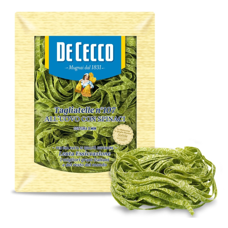 Pasta Tagliatelle Matas-107 su kiaušiniu ir špinatais DECECCO, 250 g