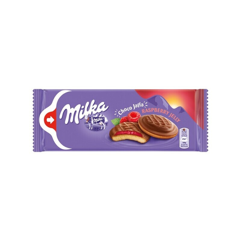 Sausainiai MILKA CHOCO JAFFA su aviečių skonio įdaru, 147 g