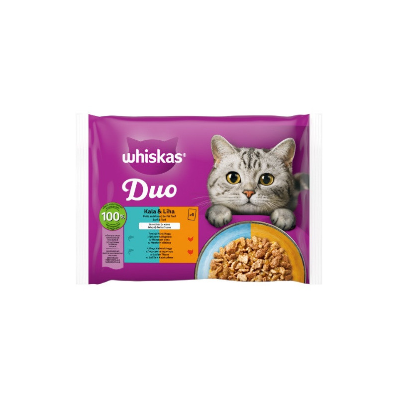 Kons. kačių ėdalas WHISKAS Tasty Duo su žuvimi ir mėsa, 4X85 g