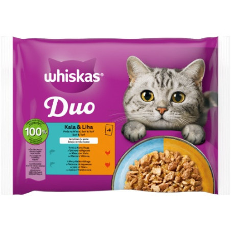 Kons. kačių ėdalas WHISKAS Tasty Duo su žuvimi ir mėsa, 4X85 g