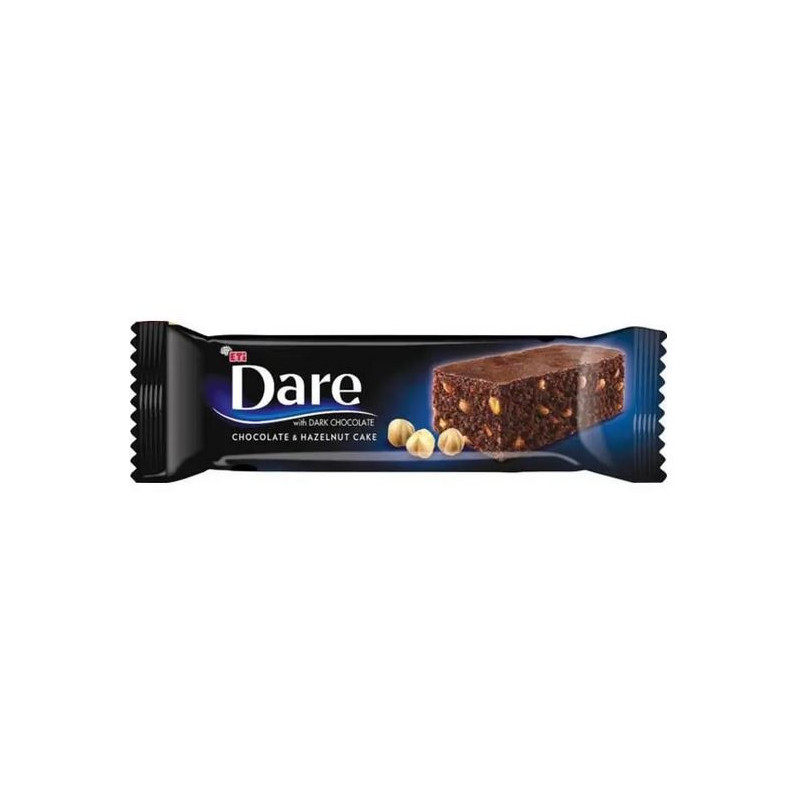 Batonėlis DARE CAKE su juodu šokoladu ir lazdyno riešutais, 40 g