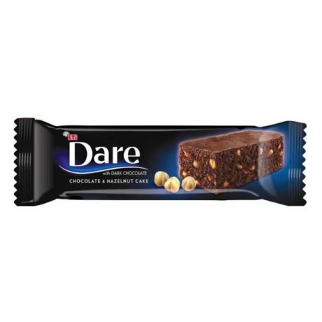Batonėlis DARE CAKE su juodu šokoladu ir lazdyno riešutais, 40 g