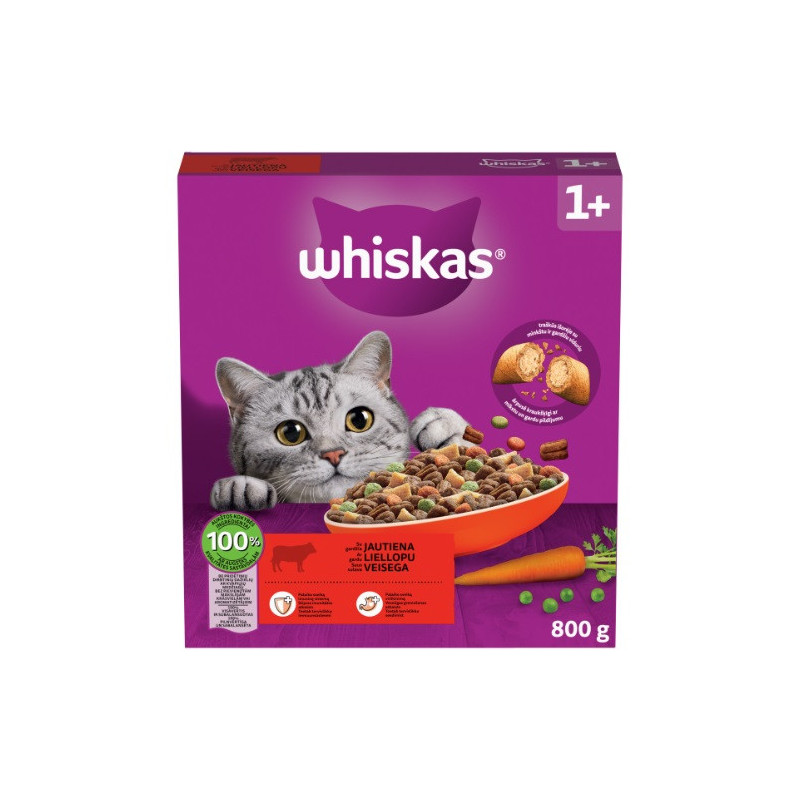 Sausas pašaras katėms WHISKAS Adult, su jautiena, 800 g