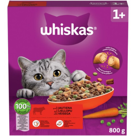 Sausas pašaras katėms WHISKAS Adult, su jautiena, 800 g