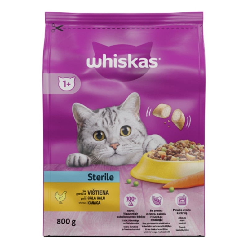 Sausas visavertis pašaras katėms WHISKAS Sterile, su vištiena, 800 g