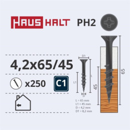 Medsraigčiai Haushalt, 4,2 x 65/45 mm, PH2, 250 vnt.