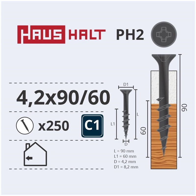 Medsraigčiai Haushalt, 4,2 x 90/60 mm, PH2, 250 vnt.