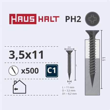 Medsraigčiai Haushalt, 3,5 x 11 mm, PH2, 500 vnt.