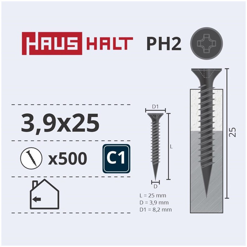 Medsraigčiai Haushalt, 3,9 x 25 mm, PH2, 500 vnt.