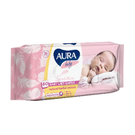 Drėgnos kūdikių servetėlės AURA, 60 vnt