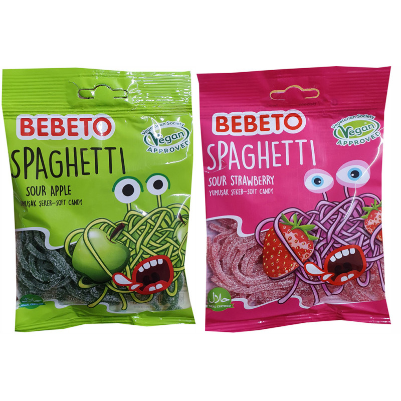 Guminukai BEBETO SPAGHETTI, braškių ir obuolių sk., 80 g