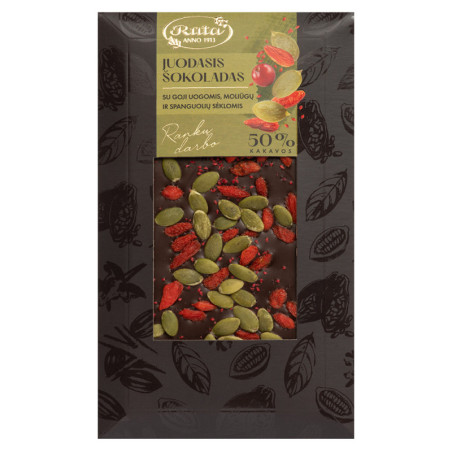Juodasis šokoladas su goji uogomis, moliūgų ir spanguolių  sėklomis, 100gr