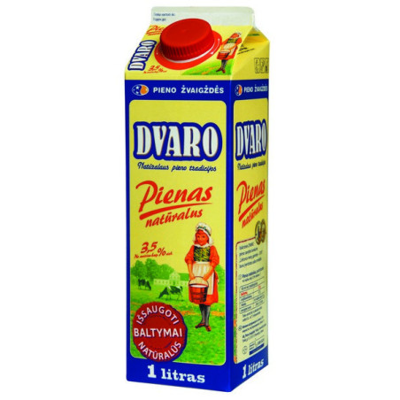 Pienas DVARO, 3,5% rieb., su kamšt., 1 l