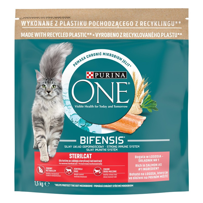 Sausas steriliz. kačių maistas ONE BIFENSIS, lašiša, 1,5 kg