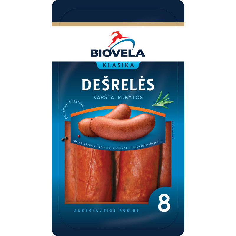 Karštai rūkytos dešrelės BIOVELA, a.r., 570 g