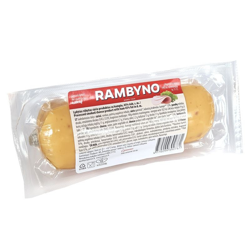 Rūkytas lydytų sūrių produktas su kumpiu RAMBYNO 45 %, 250 g