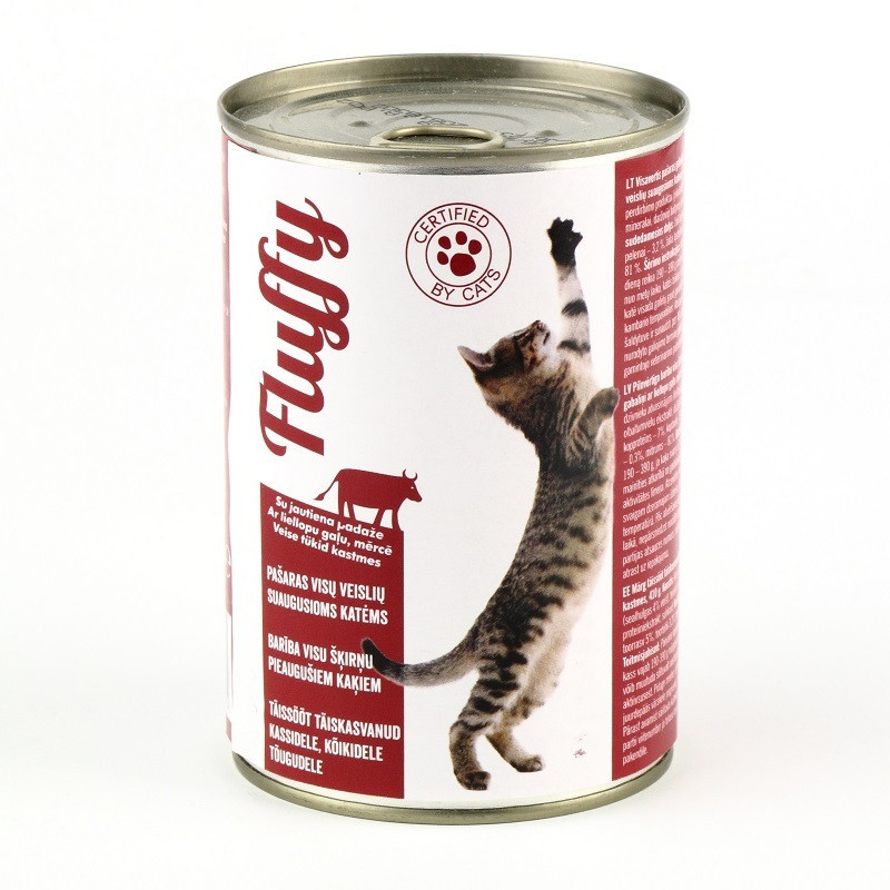 Konservuotas ėdalas katėms su jautiena FLUFFY, 410 g Konservuotas ėdalas katėms su jautiena FLUFFY, 410 g