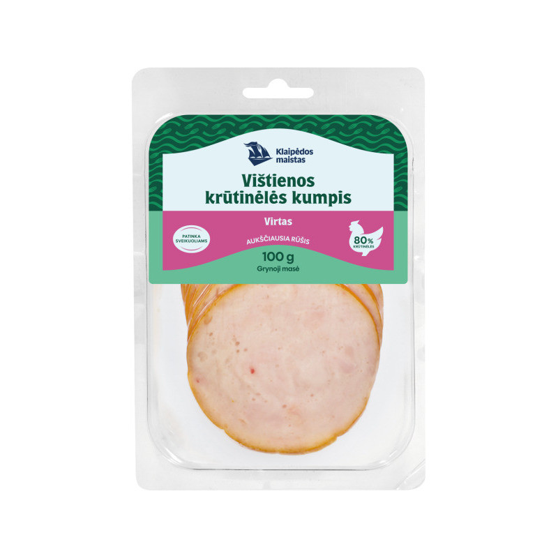 Višt. krūtinėlės kumpis KLAIPĖDOS MAISTAS, 100 g Višt. krūtinėlės kumpis KLAIPĖDOS MAISTAS, 100 g