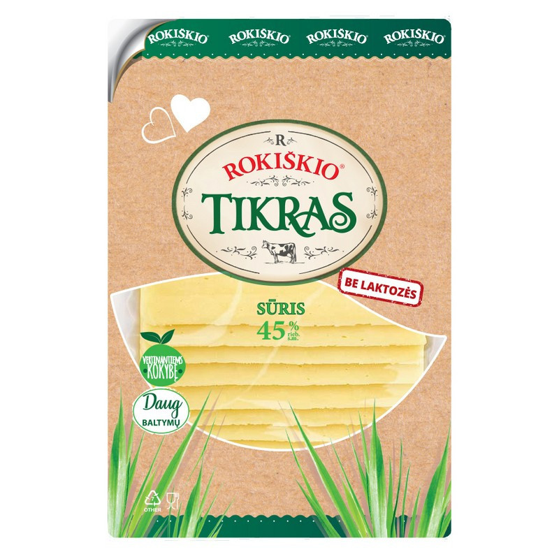 Sūris ROKIŠKIO TIKRAS, be laktozės, riek., 45% rieb., 150 g Sūris ROKIŠKIO TIKRAS, be laktozės, riek., 45% rieb., 150 g