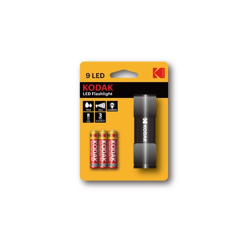 LED žibintuvėlis KODAK, 46 lm, 3 × AAA, IP62, juodas